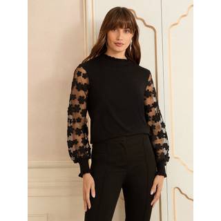Love & Roses Love & Roses Black 3D Flower Mesh Sleeve Knit Jumper