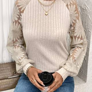 TEMU Ribbed Interlocking Lace Round Neck Raglan Sleeve Long Sleeve Top