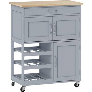 HOMCOM Modern Kitchen Trolley, Rolling Island Storage Cart with Drawer, 9-bottle Wine Rack, Door Cabinets, Wooden Countertop, Grey