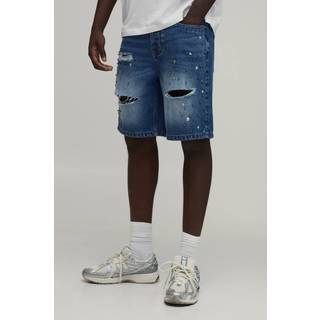 Relaxed Rhinestone Embellished Ripped Denim Shorts | Mid Blue | Size 50