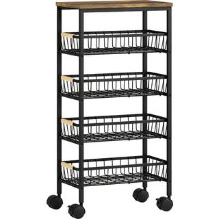 HOMCOM Metal Kitchen Trolley, 4-Tier Storage Trolley with Pull-Out Baskets and 4 Swivel Casters for Kitchen, Rustic Brown