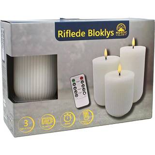LED Bloklys 3 stk. 10, 12,5 og 15 cm Riflede Vokslys med Resin, Hvid