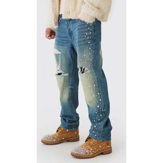Relaxed Rigid Flared Rhinestone Embellished Ripped Jeans | Mid Blue | Size 52R