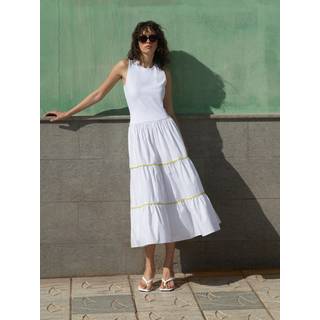 Kayle Mix White Ric Rac Tiered Midi Dress Linen White/Butter Yellow