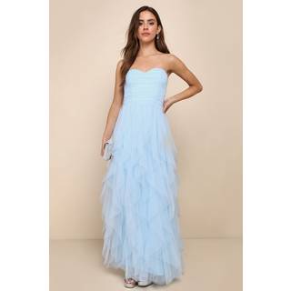 Delightful Beauty Blue Mesh Strapless Ruched Ruffled Maxi Dress