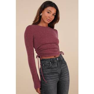 Sweet Ease Berry Red Textured Ribbed Ruched Long Sleeve Top