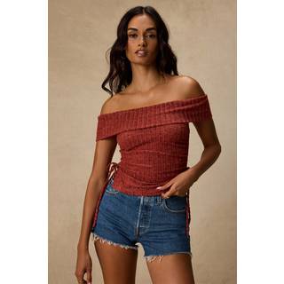 Saphira Rust Red Ribbed Knit Off-the-Shoulder Top