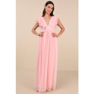 Simply Delighted Pink Mesh Ruffled Backless Maxi Dress