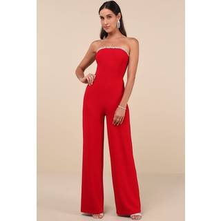 Lavish Muse Red Rhinestone Strapless Jumpsuit