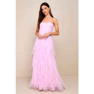 Delightful Beauty Pink Mesh Strapless Ruched Ruffled Maxi Dress
