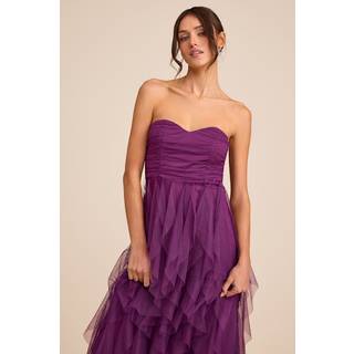 Delightful Beauty Plum Mesh Strapless Ruched Ruffled Maxi Dress
