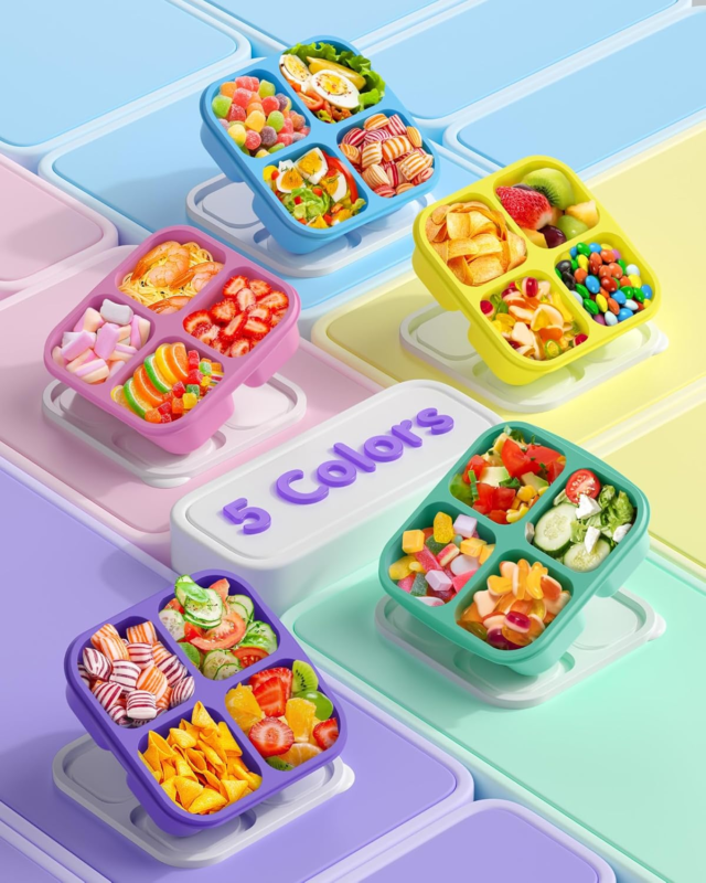 5 Pcs Bento Snack Containers Reusable 4 Compartment Divided Storage