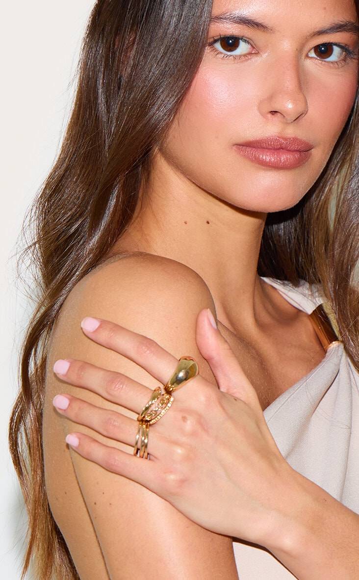 PrettyLittleThing Diamante Textured Multipack Rings - Gold
