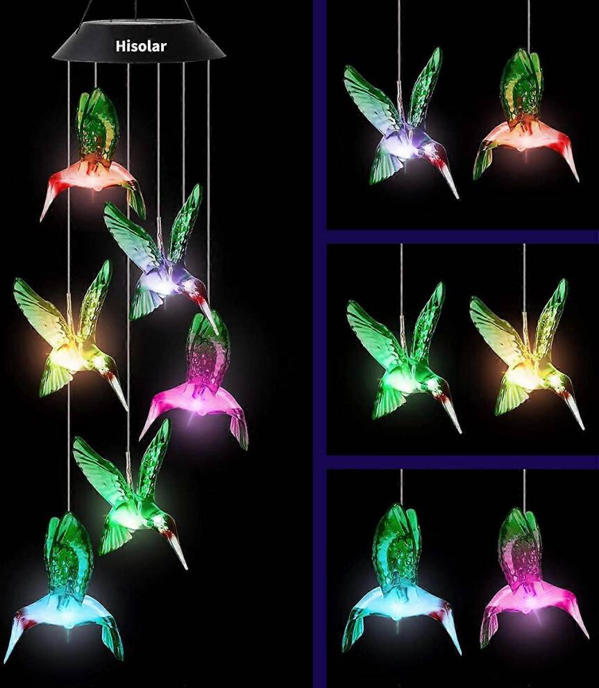 Konhill Color Changing Hummingbird Solar Wind Chime Waterproof LED