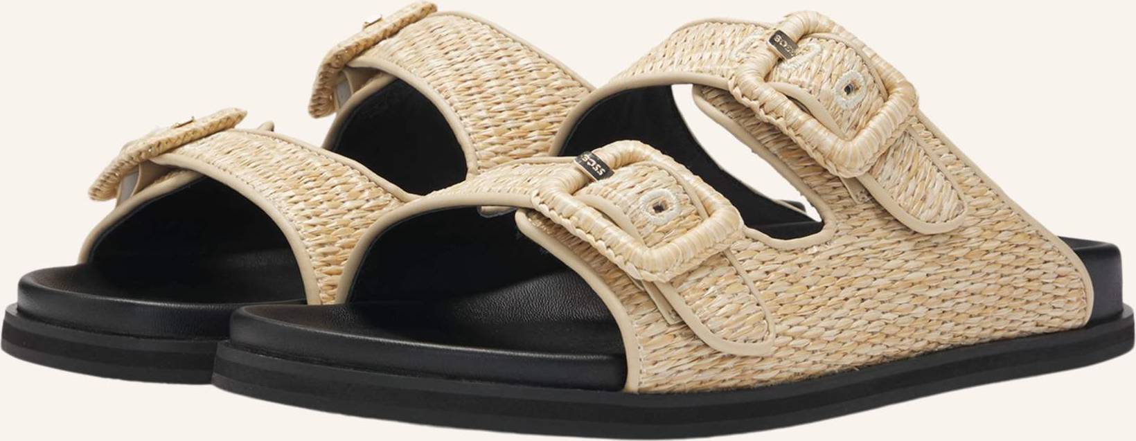 BOSS Raffia Slides With Buckled Straps - Beige
