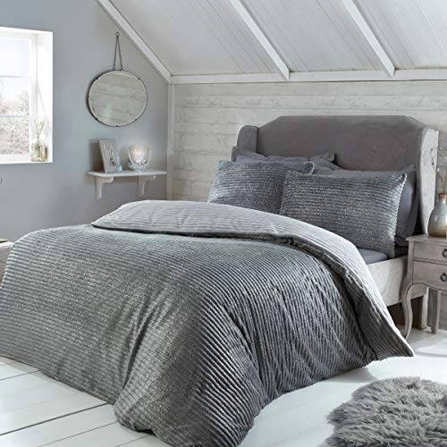 Sleepdown Ribbed Fleece Bedding Set Grey Double Bed Linen Grey