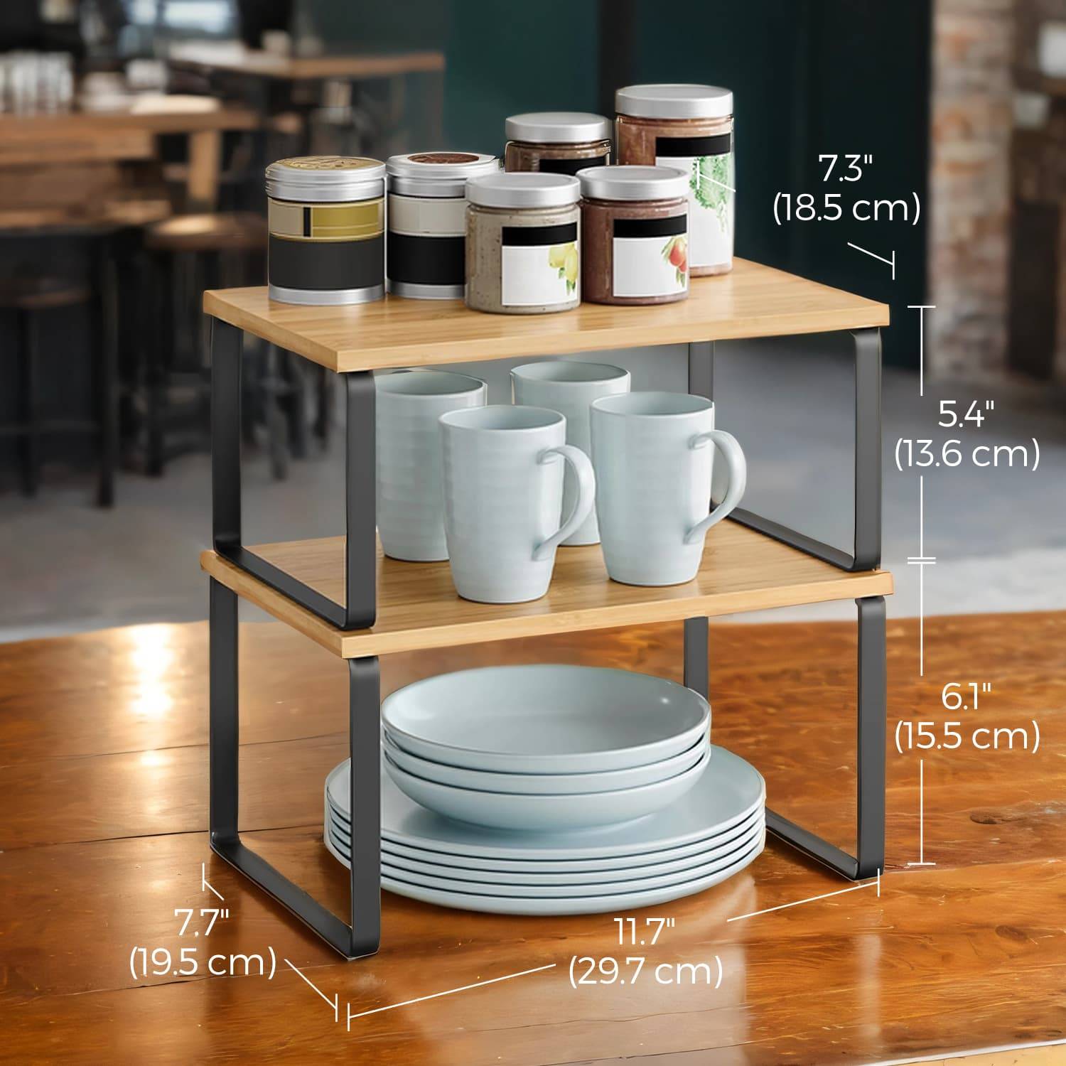 Set of 2 Expandable Kitchen Spice Rack Stackable Black and Rustic Brown