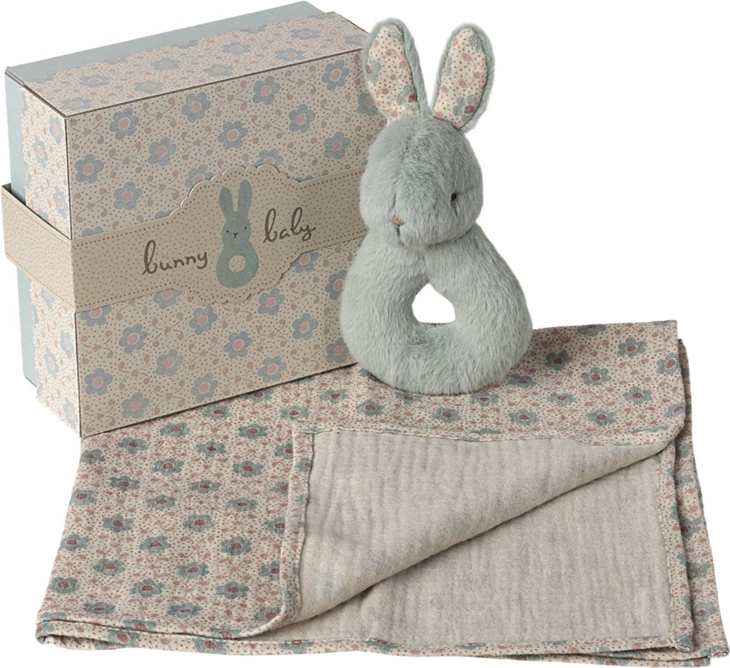 Maileg Birth Set Rabbit Rattle Diaper Mint Green