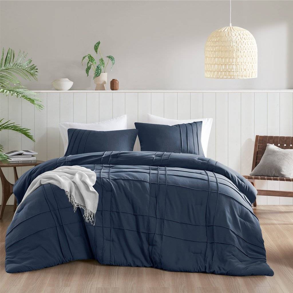Navy blue comforter set Olliix Porter Soft Washed Pleated Comforter Set In Navy Bedspread Blue
