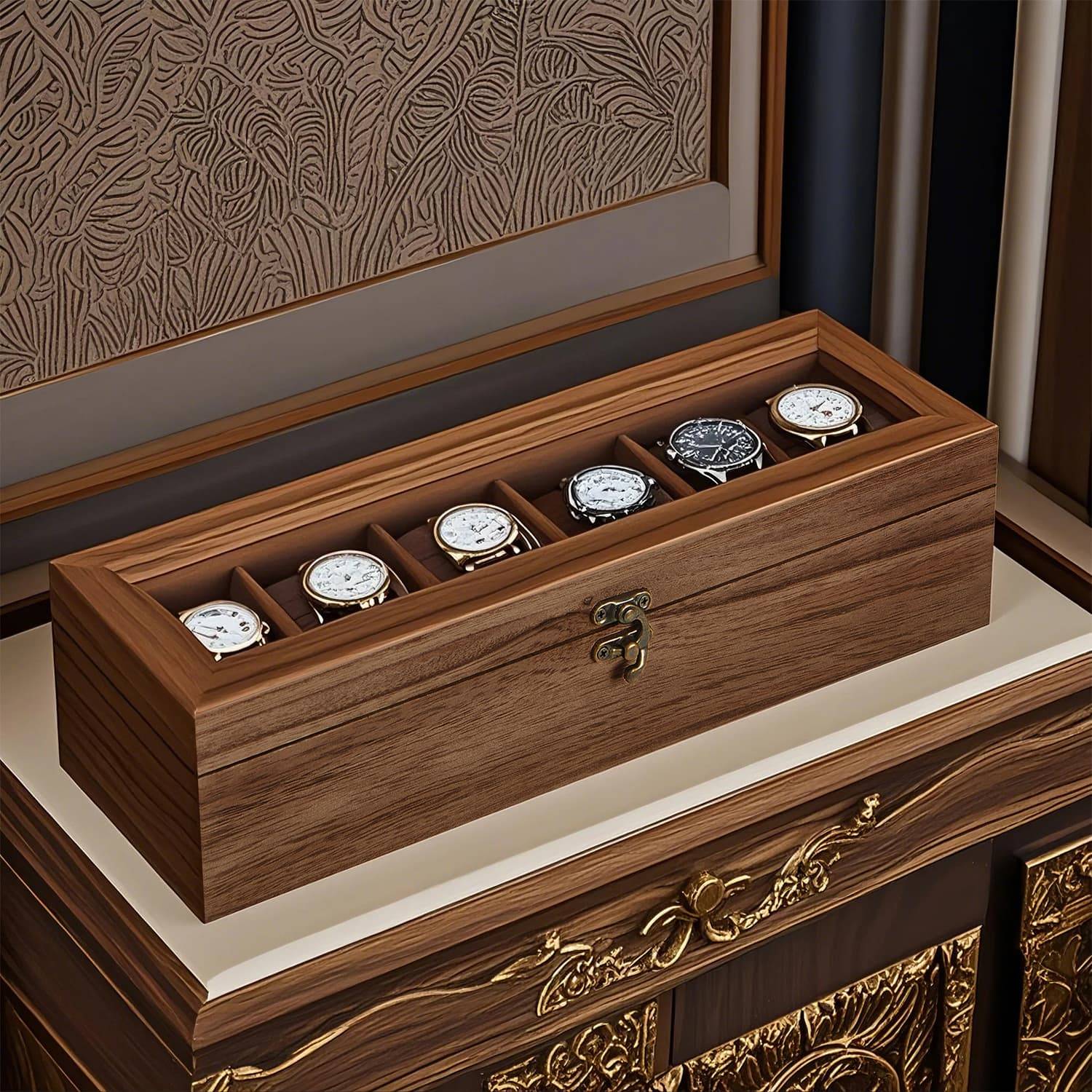 Songmics Watch Box with 6 Slots Rustic Walnut