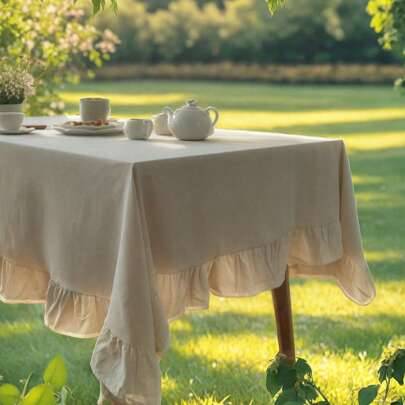 Shein Plain Linen With Ruffle Hem 1pc Tablecloth