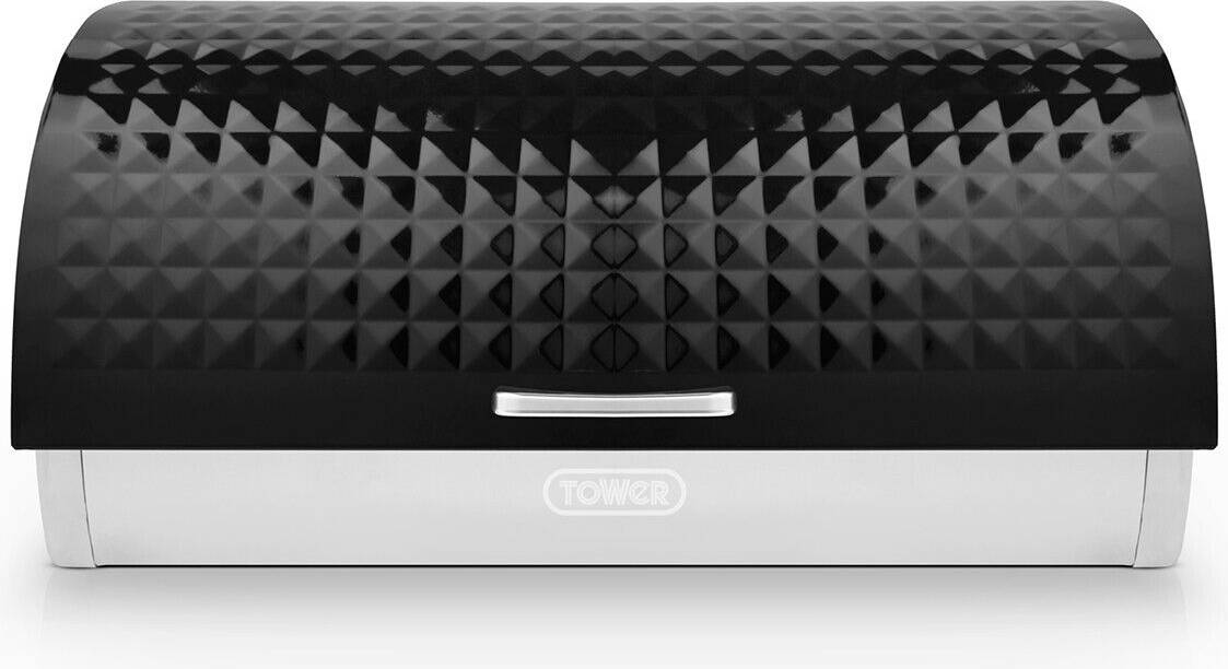 Tower Solitaire Black Breadbin Large Storage Embossed Diamond Design Bread Box