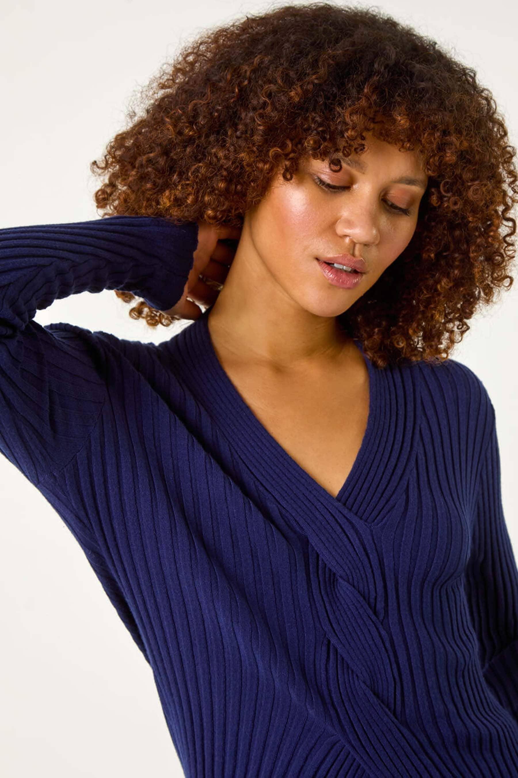 Roman V-Neck Cable Ribbed Knit Jumper - Navy