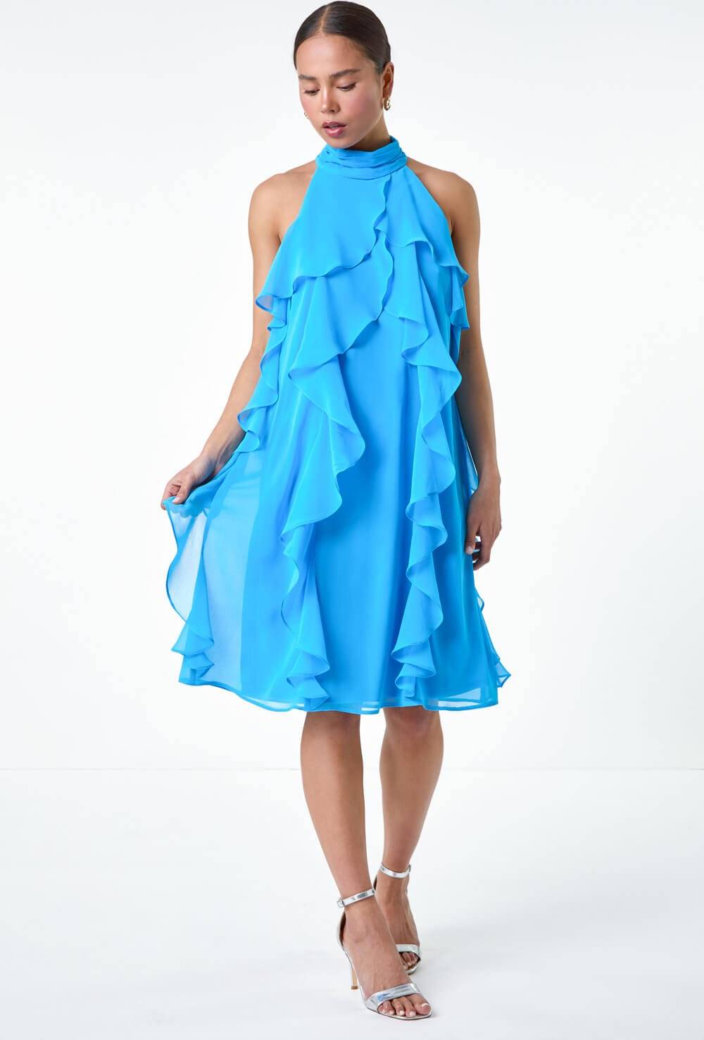 Roman Petite Halter Neck Ruffle Shift Dress - Turquoise