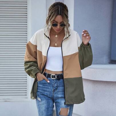 Shein Colour-block Zip Up Drawstring Hem Jacket
