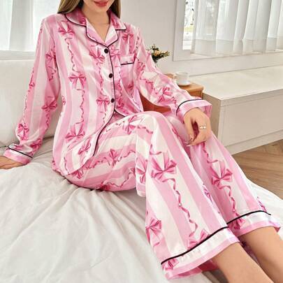 Shein Ribbon Bow Print Faux Silk Notched Collar Pyjamas Set - Multifärgad