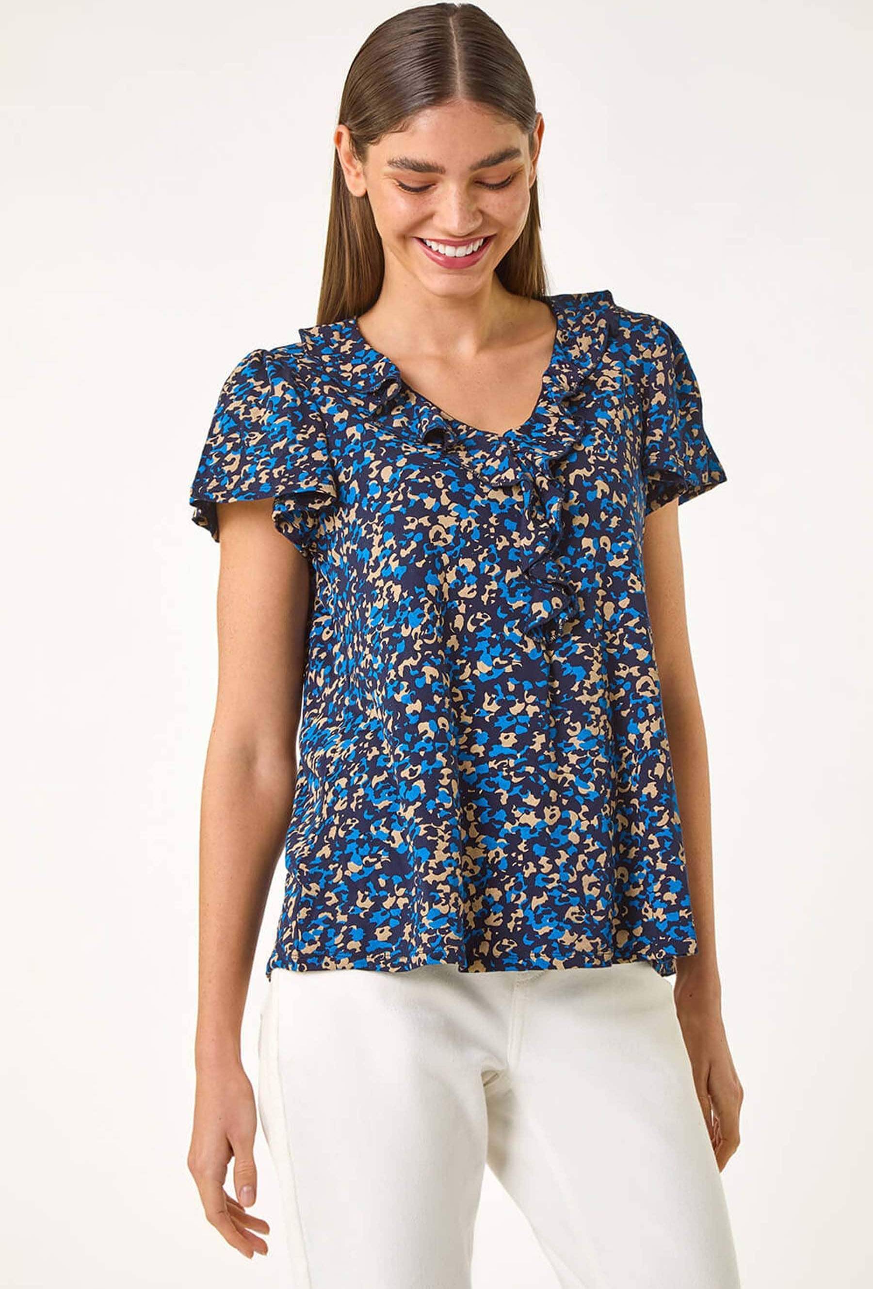 Roman Printed Ruffle V-Neck Stretch Top - Navy