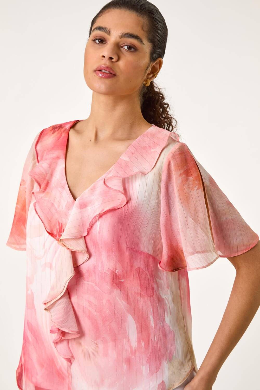 Roman Floral Ruffle Front Top - Orange