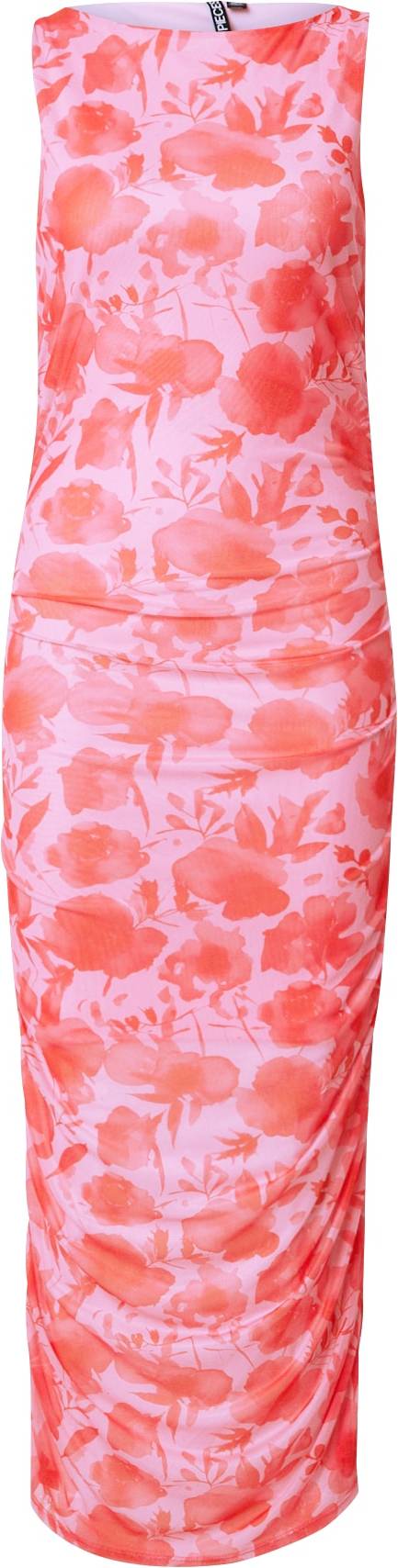 Pieces Ruched Midi Dress In Bold Floral Print - Multi