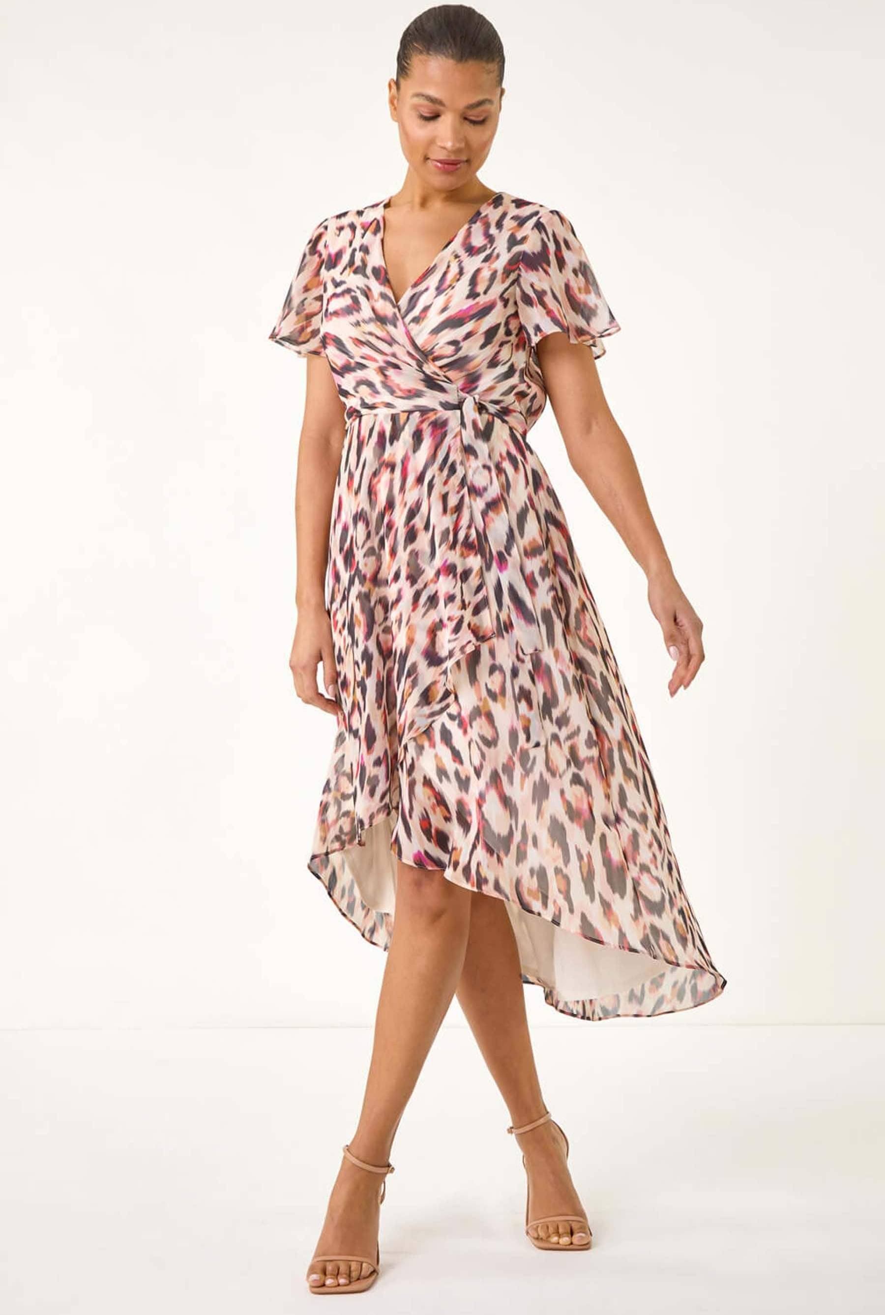 Roman Brown Leopard Ruffle Front Dress - Brown