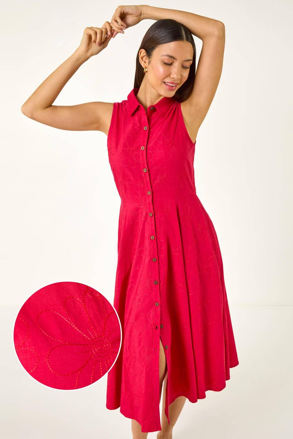 Roman Embroidered Buttoned Midi Dress - Red