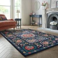 Dunelm Hani Floral Wool Rug - Blue
