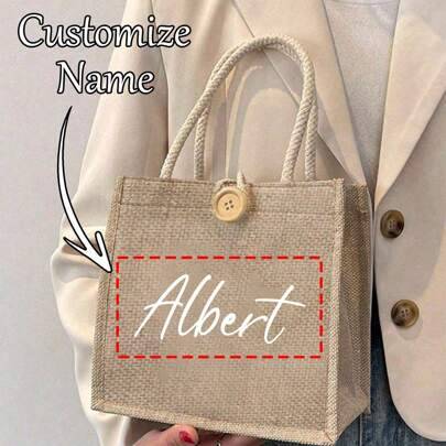 Shein Customized Name Linen Handbag - Button Embellished