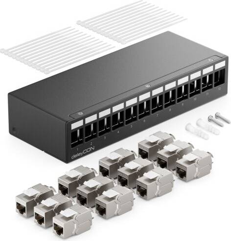 DeleyCON 12 Port CAT7 Patchpanel Set 1 He Patchfeld Mit 12x RJ45 Keystone Jack Module CAT 7