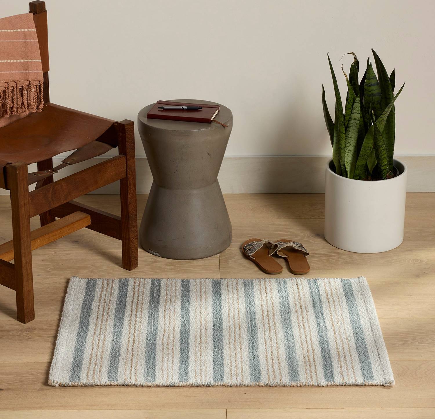 allen + roth Parallel Harmony 2 x 3 ft Polyester Natural/Blue Rectangular Indoor Stripe Throw Rug
