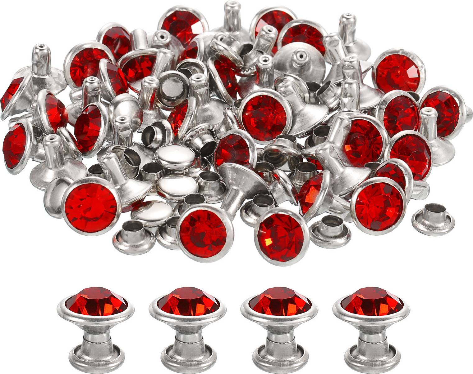Uxcell 80 Pcs Red Rhinestone Rivets 8mm 0.31" Crystal Rivets Silver Frame 80pcs