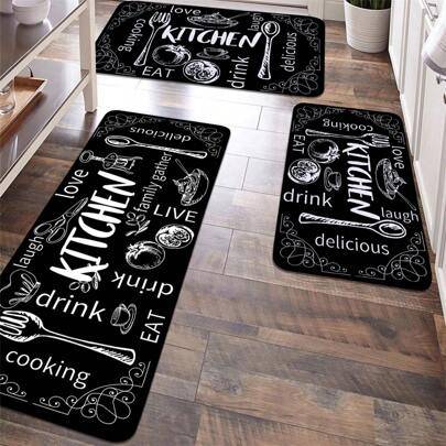 Shein Black-White Text Pattern Printed Kitchen Rug 1pc Black