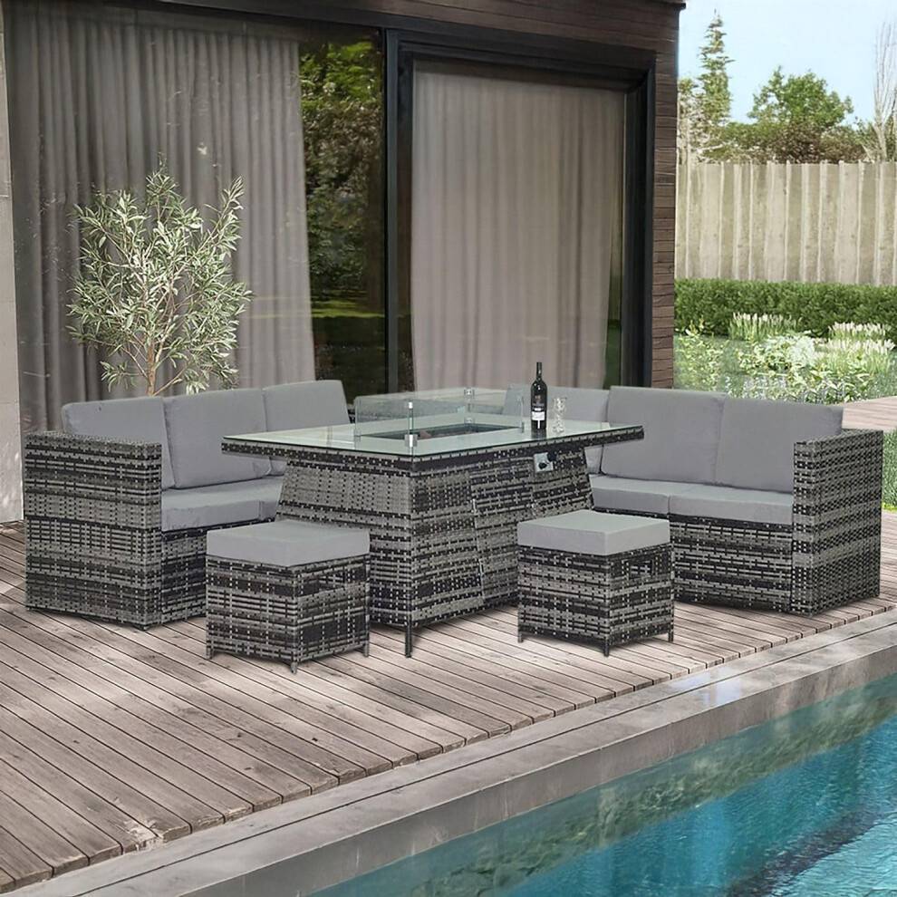 8 Seater Garden Rattan Fire Pit Table Mixed Grey Rattan