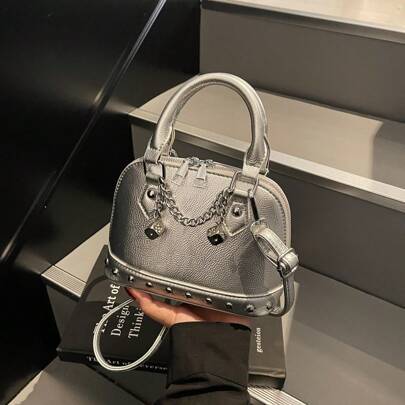 Shein Fashionable Silver PU Rivet Chain Decor Shell Bag - Y2K