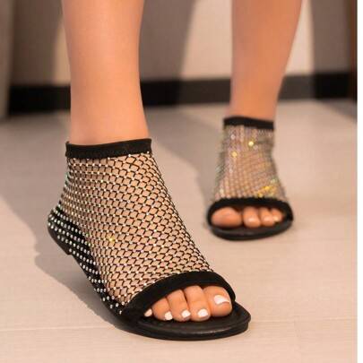Shein Round Toe Flat Hollow Peep-Toe Rhinestone Sandals - Colorful