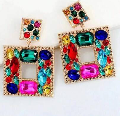 Shein Random Color Rhinestone Decor Square Drop Earrings