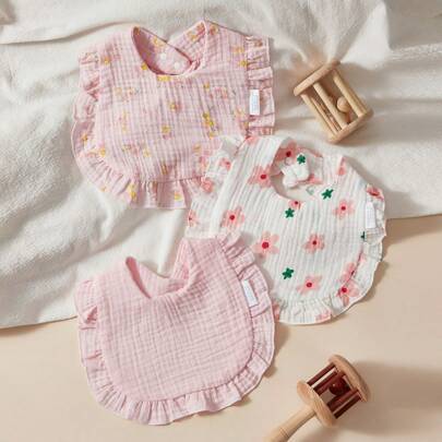 Bibs muslin Shein 3pcs Set Cotton Muslin Bibs With Soft Ruffled Edges