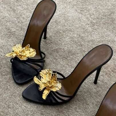 Shein Rhinestone Metallic Flower Open Toe Strap Buckle Sandals - Spring/Summer