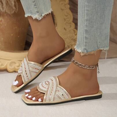 Shein French Rhinestone Square Toe Slip-On Flat Sandals - Spring/Summer/Fall