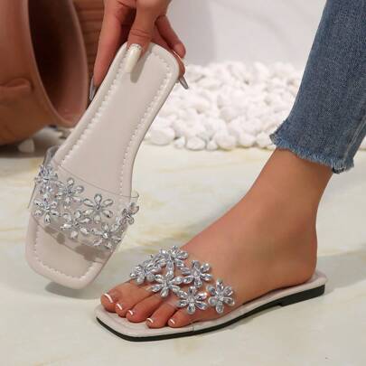 Shein Rhinestone Decorated Strap Slide Sandals - Transparent Floral