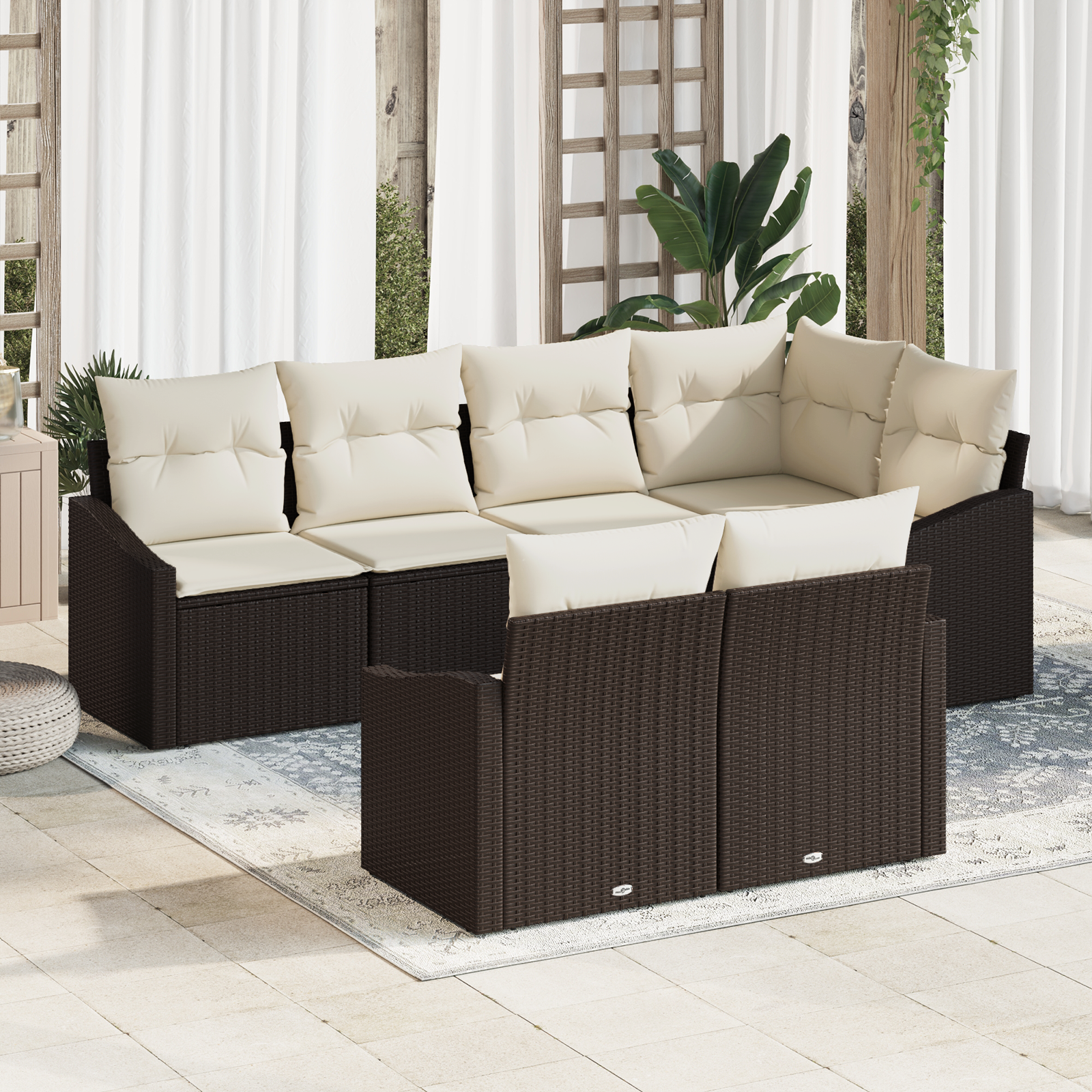 vidaXL 7-Delars Trädgårdsoffas Med Kuddar Brun Poly Rattan Modulsoffa